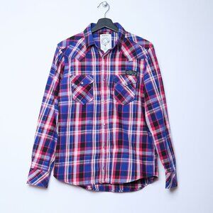 Diesel Plaid Pearl Snaps Long Sleeve Shirt Western Cowboy Men's Medium Pink Blue